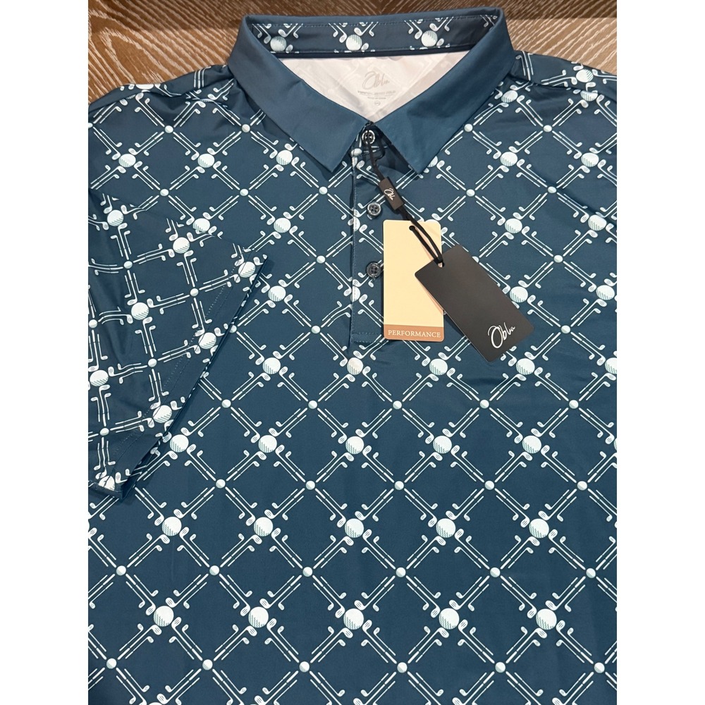 Obla Performance Polo Shirt Mens 2XL Teal Blue Golf Club Print UPF 50 NWT